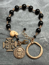 Load image into Gallery viewer, Solid Bronze Rosary Bracelet: Onyx, Holy Face, Jerusalem Cross
