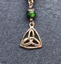 Load image into Gallery viewer, Bag Charm - Catholic - Celtic Trinity Knot Zipper Pull - Bronze and Diopside
