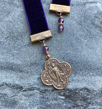 Load image into Gallery viewer, Velvet Catholic Bookmark - Saint Raphael - Bronze - Purple Velvet
