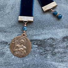 Load image into Gallery viewer, Velvet Catholic Bookmark - Saint John the Baptist - Bronze - Sapphire Blue Velvet
