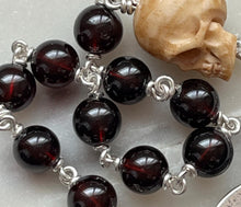 Load image into Gallery viewer, Sterling Silver Celtic Rosary: Garnet Gemstones, Memento Mori Skull
