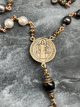 Load image into Gallery viewer, Bronze Saint Benedict Auto Rosary: Ombré Crystal Pearls, Car Rear View Mirror
