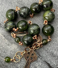 Load image into Gallery viewer, Celtic Cross Blessed Virgin Mary Nephrite Jade and Bronze Rosary Bracelet
