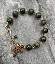 Load image into Gallery viewer, Celtic Cross Blessed Virgin Mary Nephrite Jade and Bronze Rosary Bracelet
