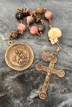 Load image into Gallery viewer, Our Lady of Mount Carmel Rosary: Bronze Rhodonite Tenner with Ox Bone Skull
