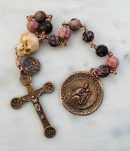 Load image into Gallery viewer, Our Lady of Mount Carmel Rosary: Bronze Rhodonite Tenner with Ox Bone Skull
