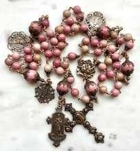 Load image into Gallery viewer, Large Pink Rhodonite Rosary - Roses - Bronze - Antique Reproduction Medals - wire-wrapped CeCeAgnes
