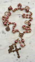 Load image into Gallery viewer, Large Pink Rhodonite Rosary - Roses - Bronze - Antique Reproduction Medals - wire-wrapped CeCeAgnes
