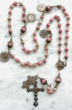 Load image into Gallery viewer, Large Pink Rhodonite Rosary - Roses - Bronze - Antique Reproduction Medals - wire-wrapped CeCeAgnes
