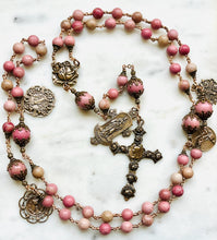 Load image into Gallery viewer, Large Pink Rhodonite Rosary - Roses - Bronze - Antique Reproduction Medals - wire-wrapped CeCeAgnes
