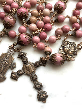 Load image into Gallery viewer, Large Pink Rhodonite Rosary - Roses - Bronze - Antique Reproduction Medals - wire-wrapped CeCeAgnes
