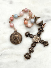 Load image into Gallery viewer, Saint Therese Pocket Rosary - Opal and Bronze Tenner - Mary and Roses Cross
