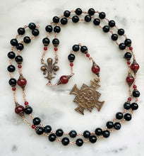 Load image into Gallery viewer, Large Bronze Rosary - Fleur de Lis - Sacred Heart - Blue Tiger Eye and Carnelian CeCeAgnes
