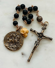 Load image into Gallery viewer, Saint George Pocket Rosary: Lava Bead, Ox Bone Skull, Bronze
