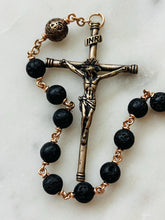 Load image into Gallery viewer, Saint George Pocket Rosary: Lava Bead, Ox Bone Skull, Bronze
