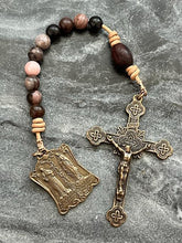 Load image into Gallery viewer, Sacred Heart Indulgence Prayer - Bronze and leather - Pocket Rosary
