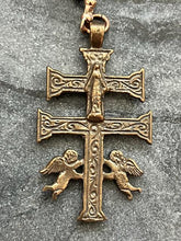 Load image into Gallery viewer, Sacred Heart Immaculate Heart - Caracava Crucifix - Bronze and leather - Pocket Rosary
