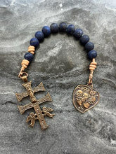 Load image into Gallery viewer, Sacred Heart Immaculate Heart - Caracava Crucifix - Bronze and leather - Pocket Rosary
