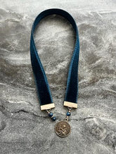 Load image into Gallery viewer, Velvet Catholic Bookmark - Saint Joseph - Bronze - Sapphire Blue Velvet
