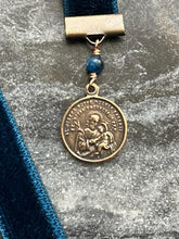 Load image into Gallery viewer, Velvet Catholic Bookmark - Saint Joseph - Bronze - Sapphire Blue Velvet
