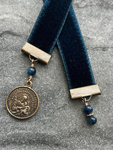 Load image into Gallery viewer, Velvet Catholic Bookmark - Saint Joseph - Bronze - Sapphire Blue Velvet
