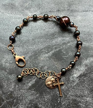 Load image into Gallery viewer, Chocolate and Peacock Freshwater Pearlss and Bronze Rosary Bracelet - Virgin Mary
