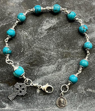 Load image into Gallery viewer, Turquoise and Sterling Silver Rosary Bracelet - Virgin Mary - Mater Dolorosa and Celtic Cross
