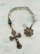 Load image into Gallery viewer, Our Lady of Fatima Pocket Rosary - Aquamarine and Bronze - Single Decade Rosary CeCeAgnes
