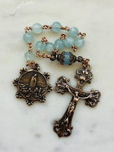 Load image into Gallery viewer, Our Lady of Fatima Pocket Rosary - Aquamarine and Bronze - Single Decade Rosary CeCeAgnes
