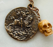Load image into Gallery viewer, Saint George Pocket Rosary: Lava Bead, Ox Bone Skull, Bronze
