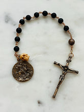 Load image into Gallery viewer, Saint George Pocket Rosary: Lava Bead, Ox Bone Skull, Bronze
