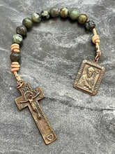 Load image into Gallery viewer, Saint Patrick Irish Tenner - Penal Crucifix - Bronze and leather - Pocket Rosary
