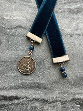 Load image into Gallery viewer, Velvet Catholic Bookmark - Saint Joseph - Bronze - Sapphire Blue Velvet
