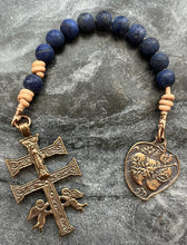 Load image into Gallery viewer, Sacred Heart Immaculate Heart - Caracava Crucifix - Bronze and leather - Pocket Rosary

