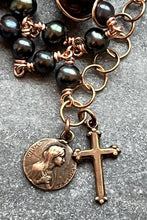 Load image into Gallery viewer, Chocolate and Peacock Freshwater Pearlss and Bronze Rosary Bracelet - Virgin Mary
