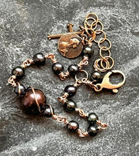 Load image into Gallery viewer, Chocolate and Peacock Freshwater Pearlss and Bronze Rosary Bracelet - Virgin Mary
