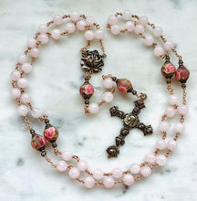 Load image into Gallery viewer, Large Pink Rose Quartz Rosary: Bronze Antique Reproduction Medals
