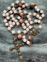 Load image into Gallery viewer, Large Pink Rose Quartz Rosary: Bronze Antique Reproduction Medals
