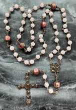 Load image into Gallery viewer, Large Pink Rose Quartz Rosary: Bronze Antique Reproduction Medals
