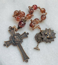 Load image into Gallery viewer, Sacred Heart Blessed Sacrament Pocket Rosary - Rutile Quartz - Single Decade Bronze Tenner

