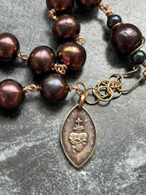 Load image into Gallery viewer, Chocolate Freshwater Pearls and Bronze Rosary Bracelet - Sacred Heart
