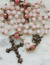 Load image into Gallery viewer, Large Pink Rose Quartz Rosary: Bronze Antique Reproduction Medals
