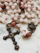 Load image into Gallery viewer, Large Pink Rose Quartz Rosary: Bronze Antique Reproduction Medals
