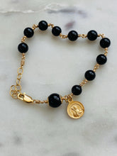 Load image into Gallery viewer, Gold Rosary Bracelet with Benedict Charm: Black Tourmaline Beads
