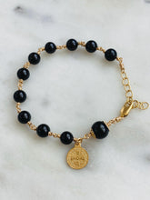 Load image into Gallery viewer, Gold Rosary Bracelet with Benedict Charm: Black Tourmaline Beads
