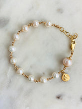 Load image into Gallery viewer, Gold Freshwater Pearl Rosary Bracelet - Saint Joseph Charm - Catholic Jewelry

