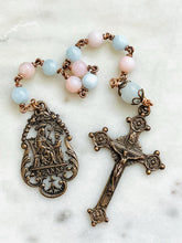 Load image into Gallery viewer, Single Decade Saint Anne Rosary Aquamarine Pink Opal and Bronze - Tenner CeCeAgnes
