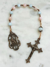 Load image into Gallery viewer, Single Decade Saint Anne Rosary Aquamarine Pink Opal and Bronze - Tenner CeCeAgnes
