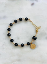 Load image into Gallery viewer, Gold Rosary Bracelet with Benedict Charm: Black Tourmaline Beads
