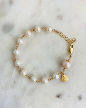 Load image into Gallery viewer, Gold Freshwater Pearl Rosary Bracelet - Saint Joseph Charm - Catholic Jewelry
